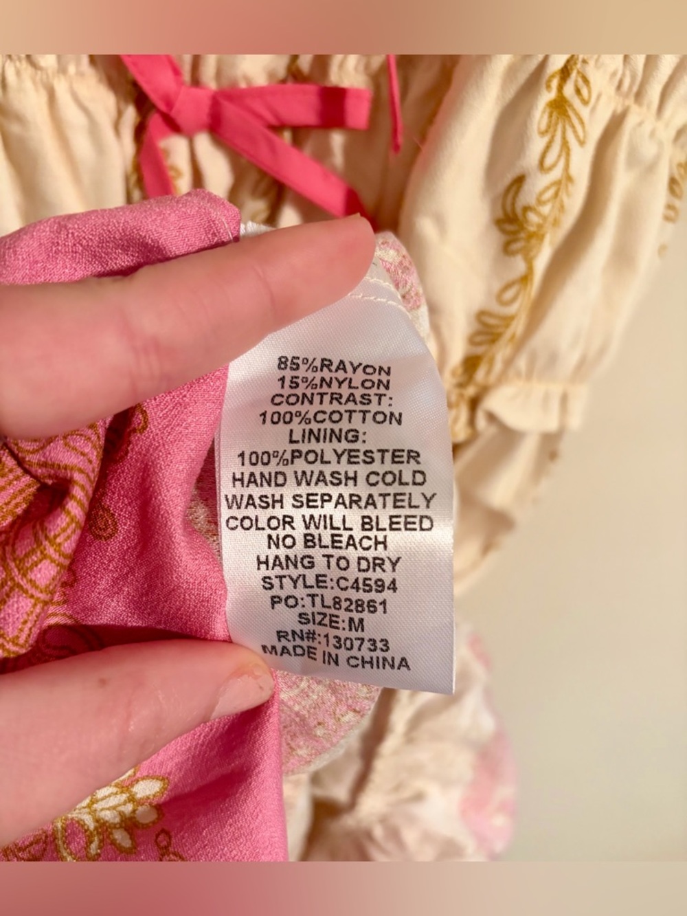 NWT Umgee Cream Dress w Pink & Gold Sz M Bows Cottagecore Boho Milkmaid Romantic - Picture 5 of 11